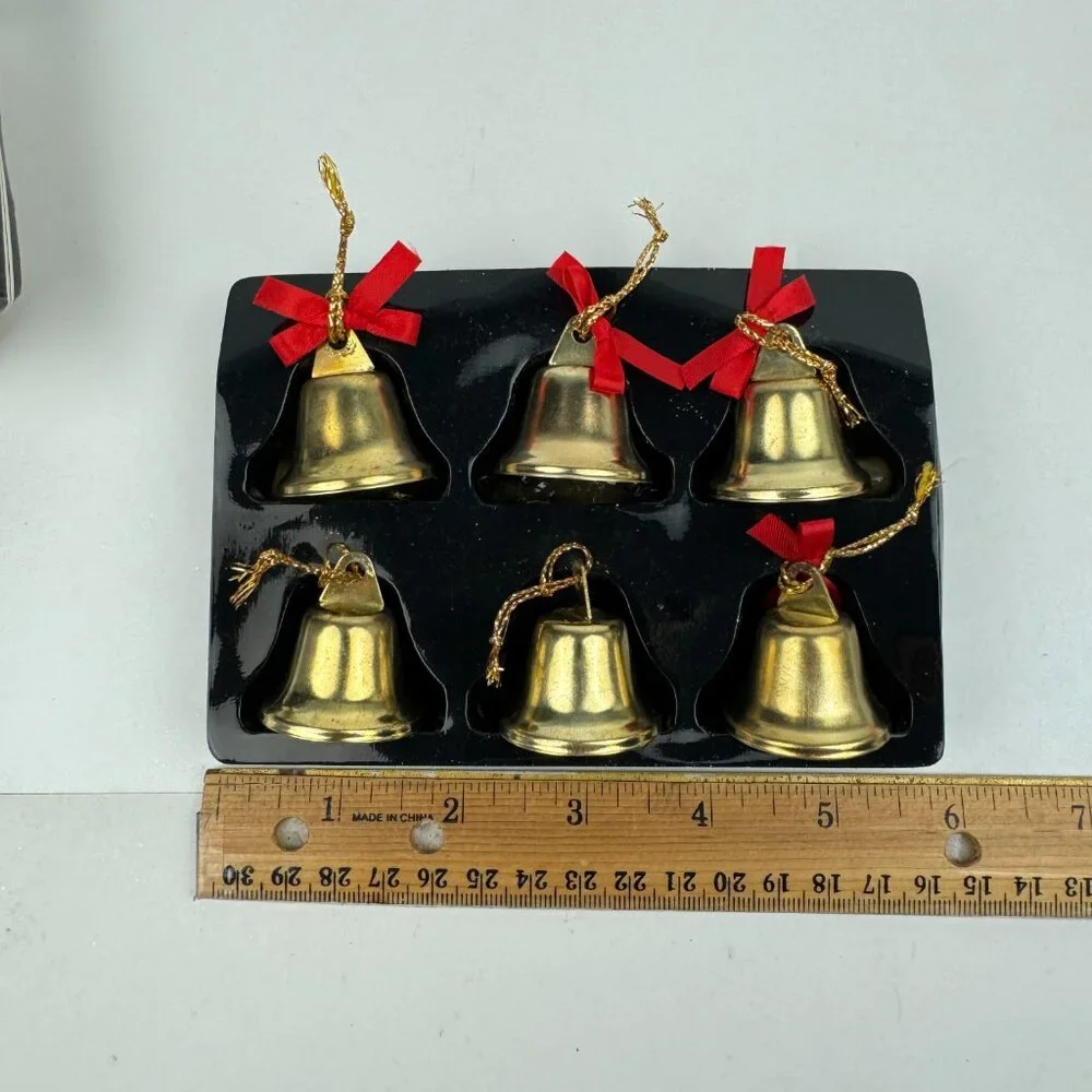 2 Vtg Pkgs Christmas Gold‎ Brass Tone Bells Jingle w Red Ribbon w Orig Box READ